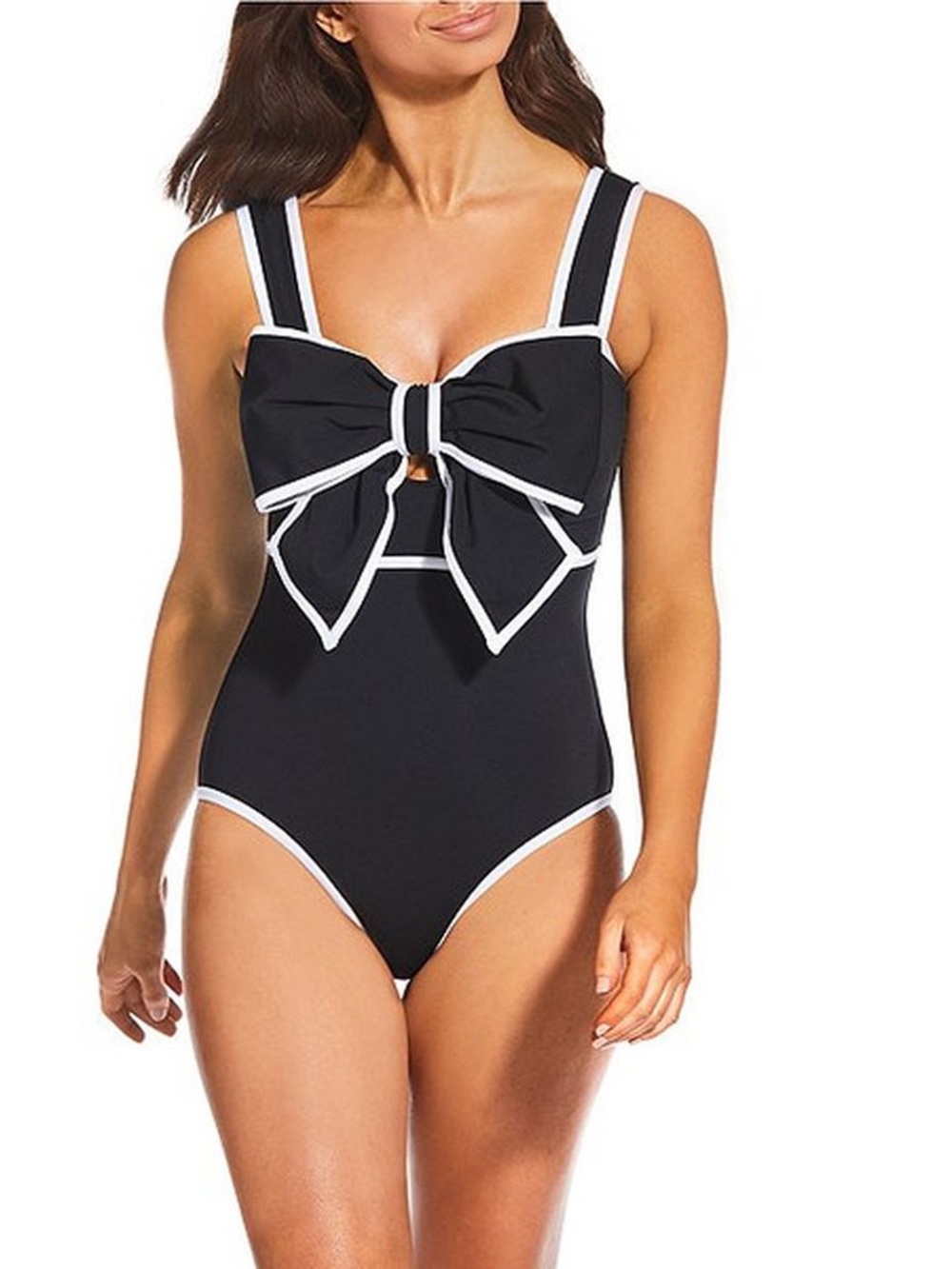 Alex Marie Black One-Piece Swimsuit with White Trim & Bow